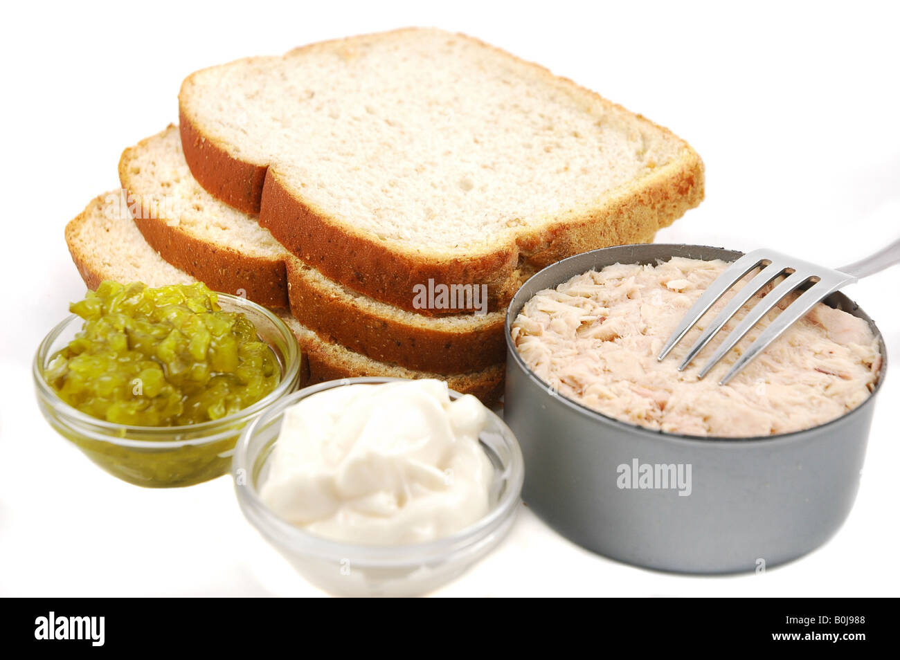 Ingredients for making a tuna fish sandwich bread tuna relish