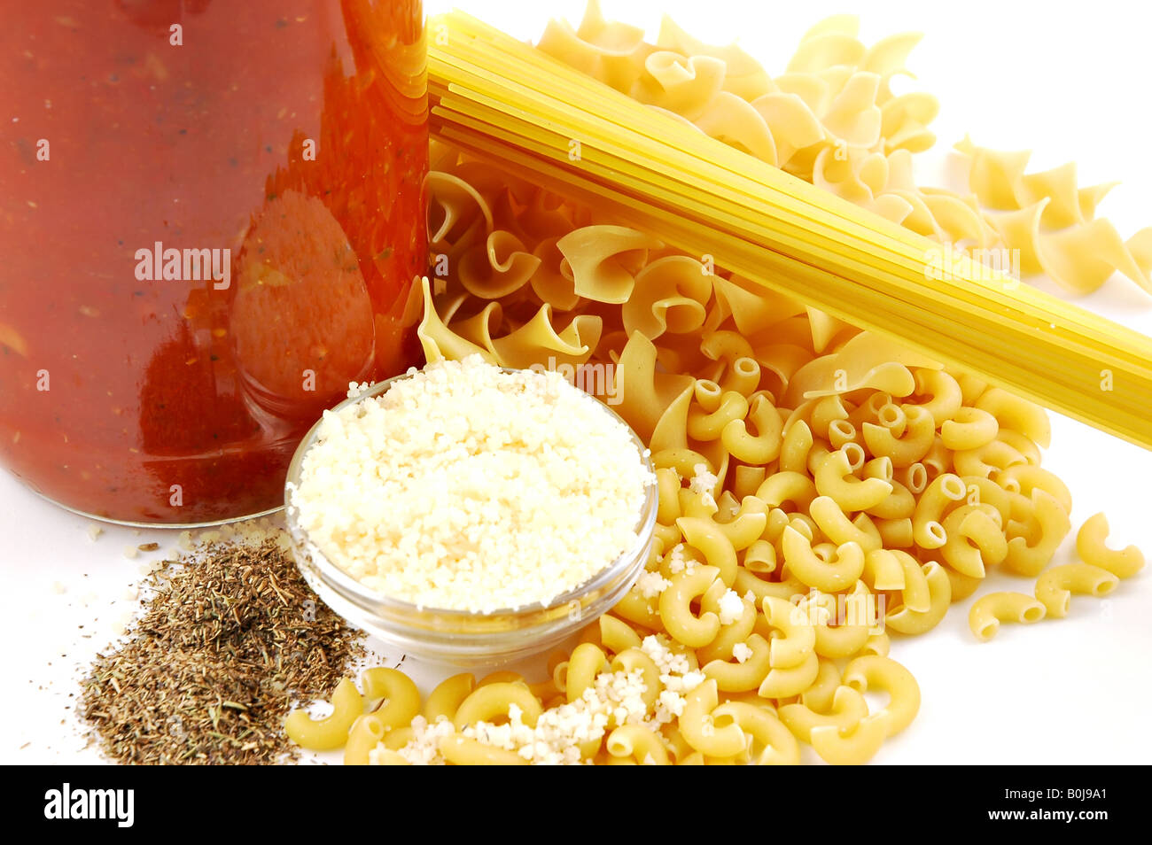 Pasta Ingredients Spaghetti egg noodles elbow macaroni pasta sauce in a