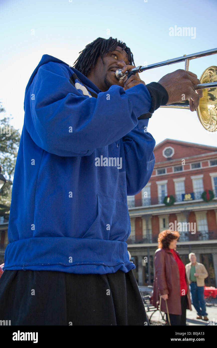 12 27 06 Slide Trombone player in Jackson Square in New Orleans Stock