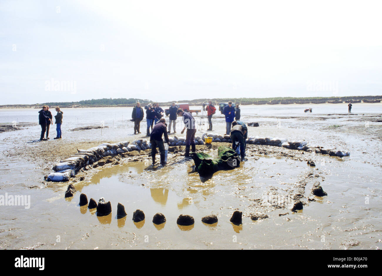 Seahenge excavation 1999 Holme beach Norfolk Bronze Age monument people digging archaeology archaeologists timber circle England Stock Photo