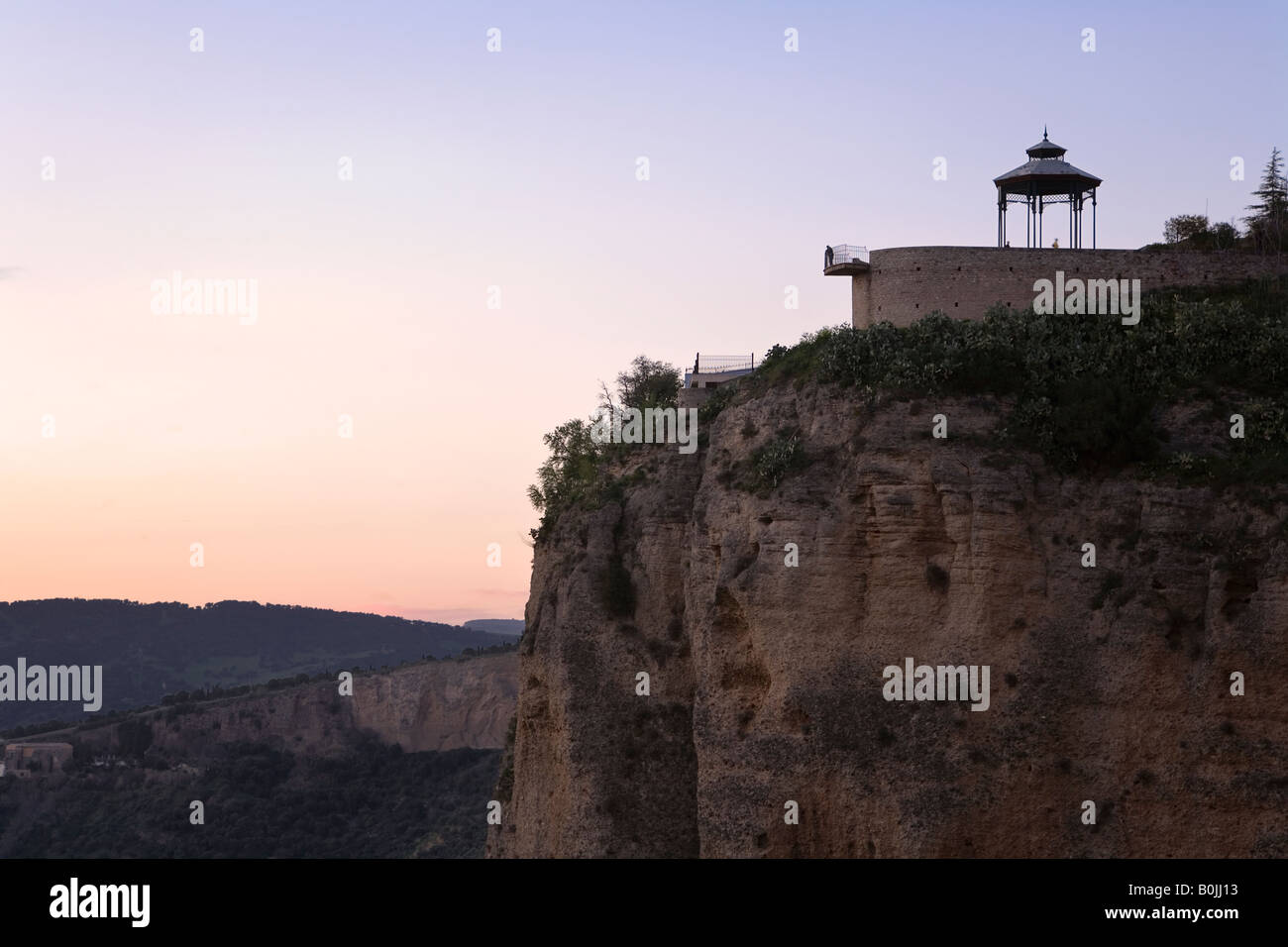 Ronda, Andalusia, Spain. Mirador at Blas Infante Promenade overlooking El Tajo gorge. Sunset Stock Photo
