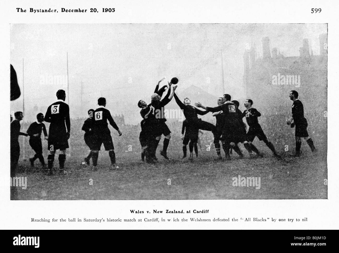Wales v New Zealand 1905 photo of a line out in the Wales victory over the otherwise unbeaten Original All Blacks Stock Photo