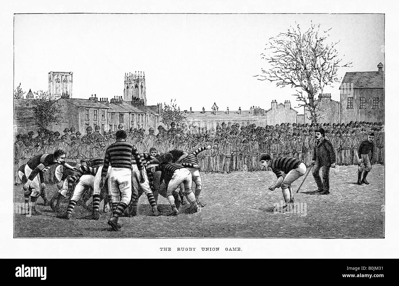 Victorian Rugby 1887 engraving of The Rugby Union Game an early scrummage in a crowded pitch Stock Photo