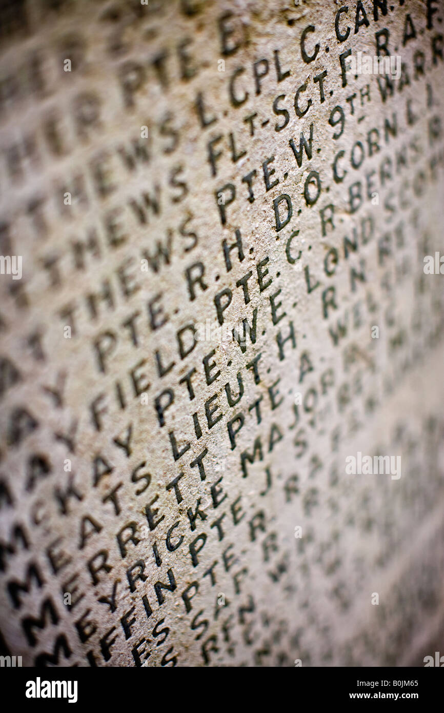 Close up of names on a war memorial, Cheltenham, UK Stock Photo
