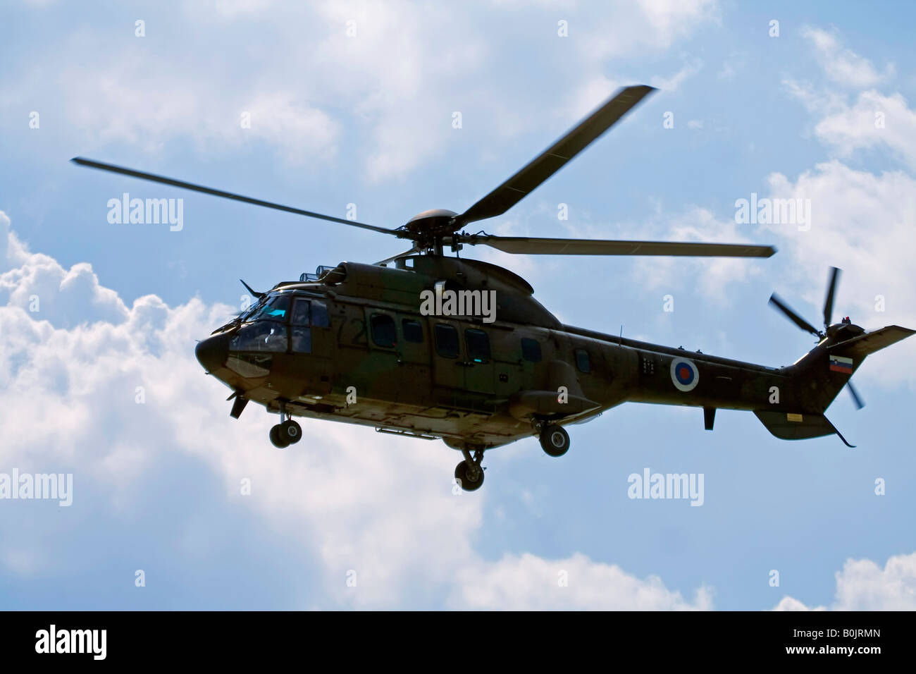 Military helicopter Cougar in flight. Stock Photo