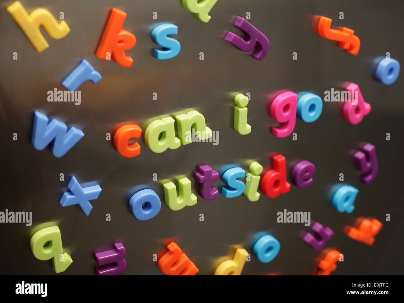 Toy magnetic letters spelling out "can i go outside". Stock Photo
