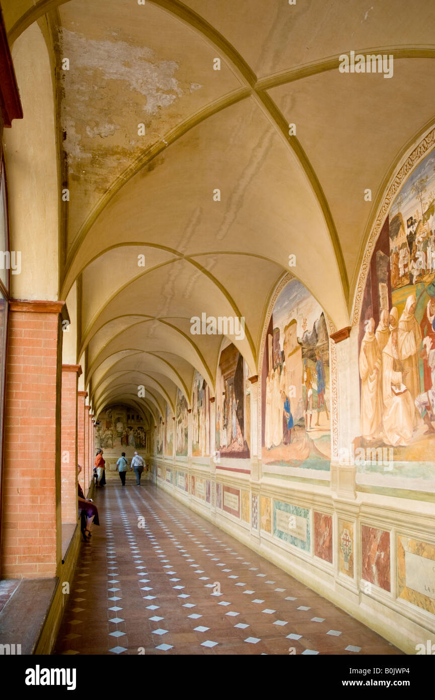 One of the Cloisters of the Abbey of Monte Oliveto Maggiore, Tuscany showing some of the famous frescos. Stock Photo