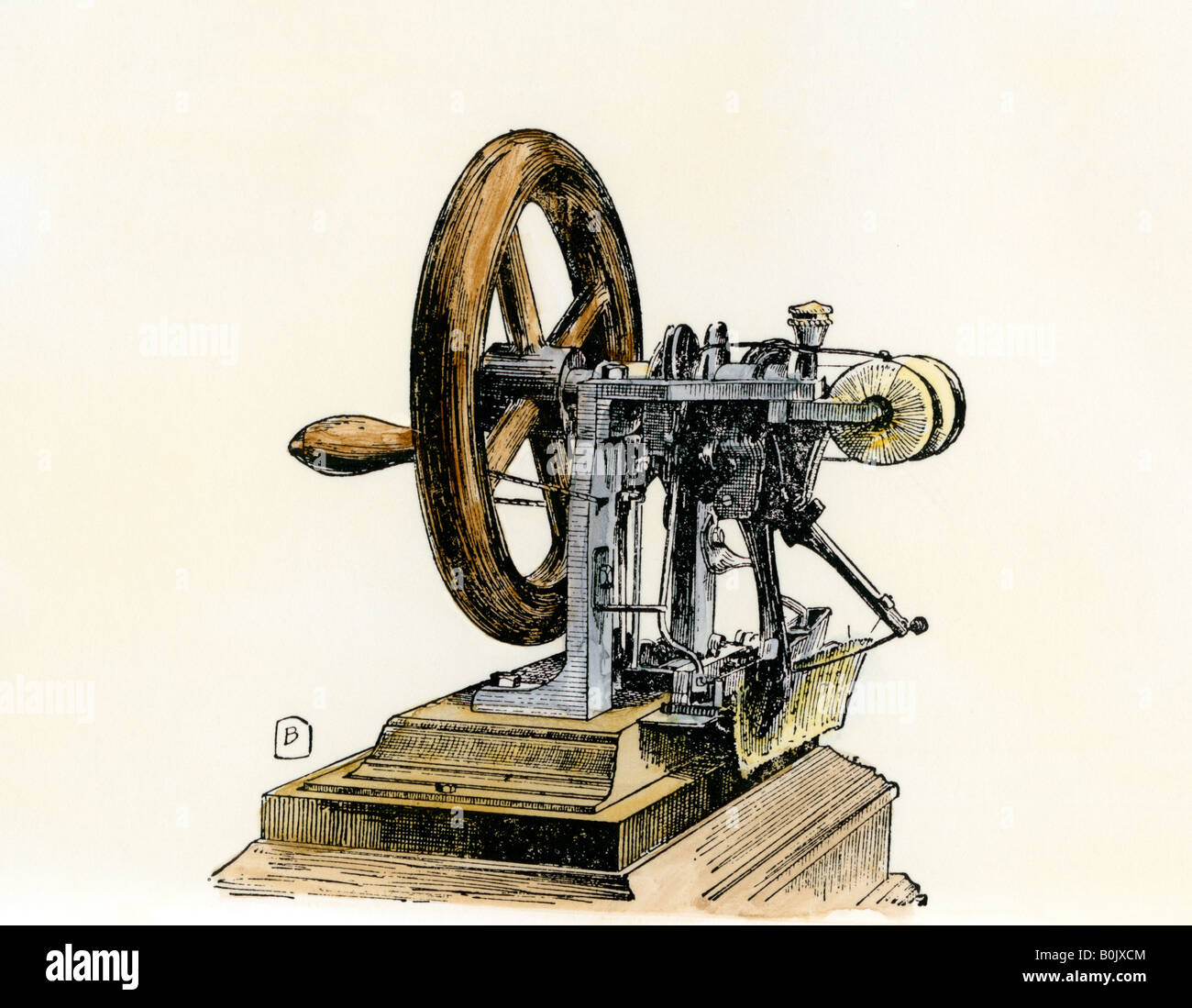 Elias Howe's invention of the sewing machine 1846. Hand-colored woodcut Stock Photo