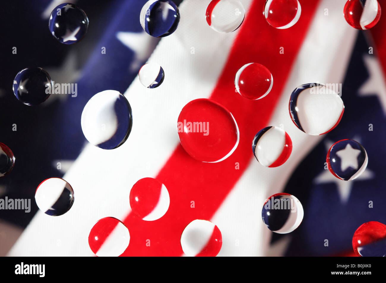 the colors of the the US flag focused in water drops great abstract background Stock Photo