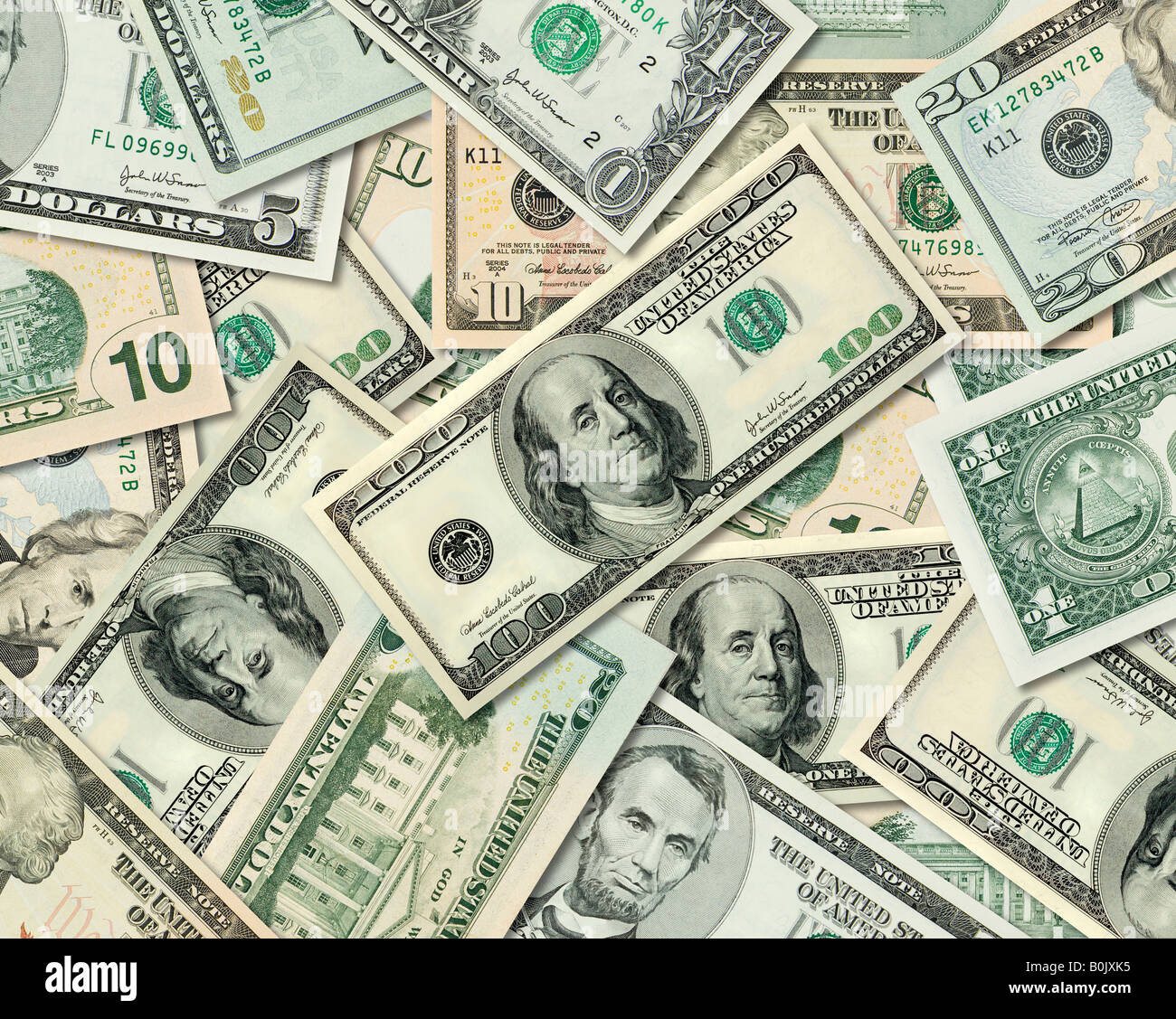 Composite shot of different American Dollar bills piled together Stock