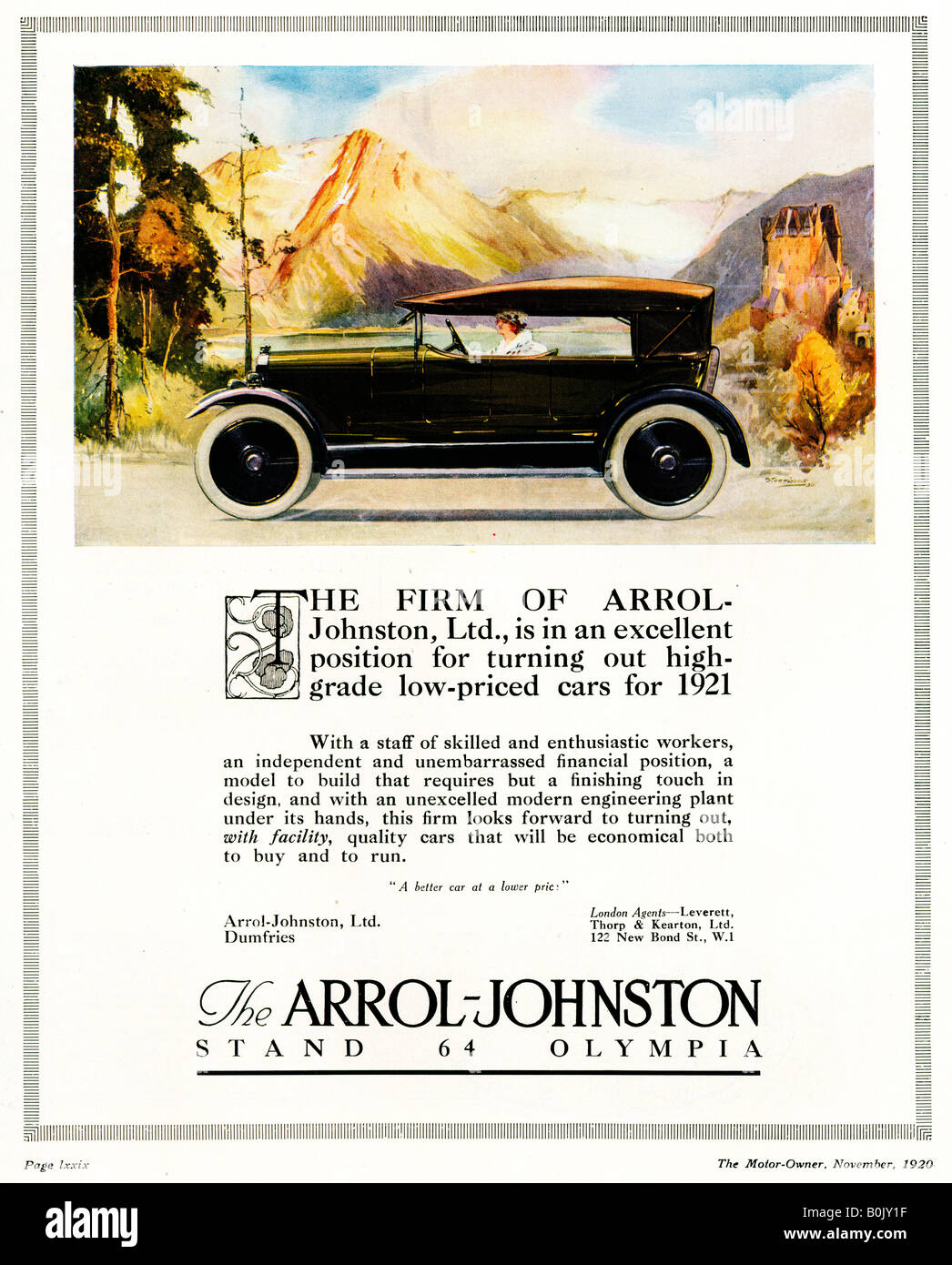 Arrol Johnston 1920 advert for the car made in Dumfries by the company founded in 1896 which folded in 1931 Stock Photo
