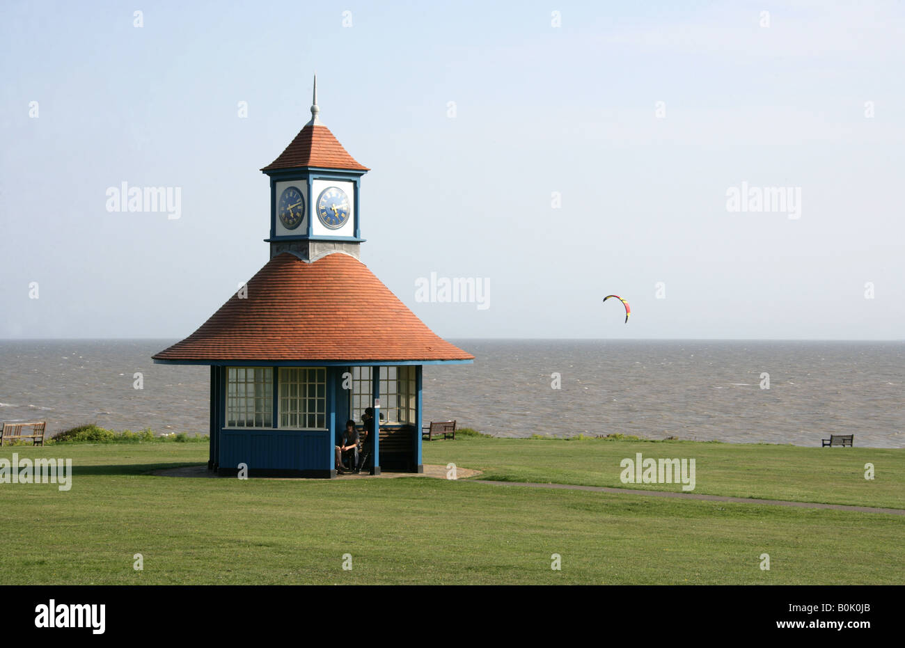 Weather Shelter with Clock Tower, Frinton-on-Sea Essex, UK. Stock Photo