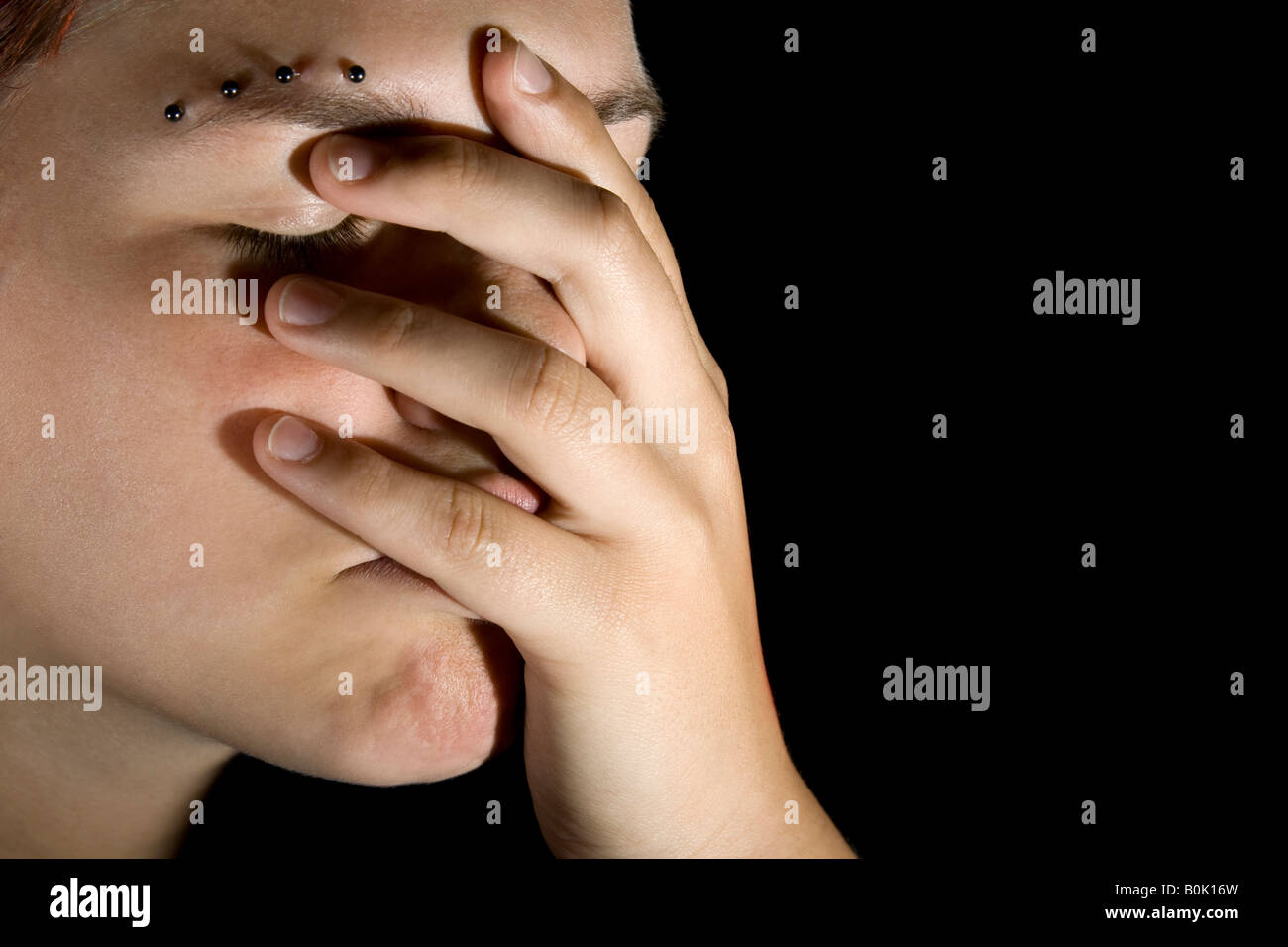 Sad Girl With Closed Eyes And Hand On Her Face Stock Photo