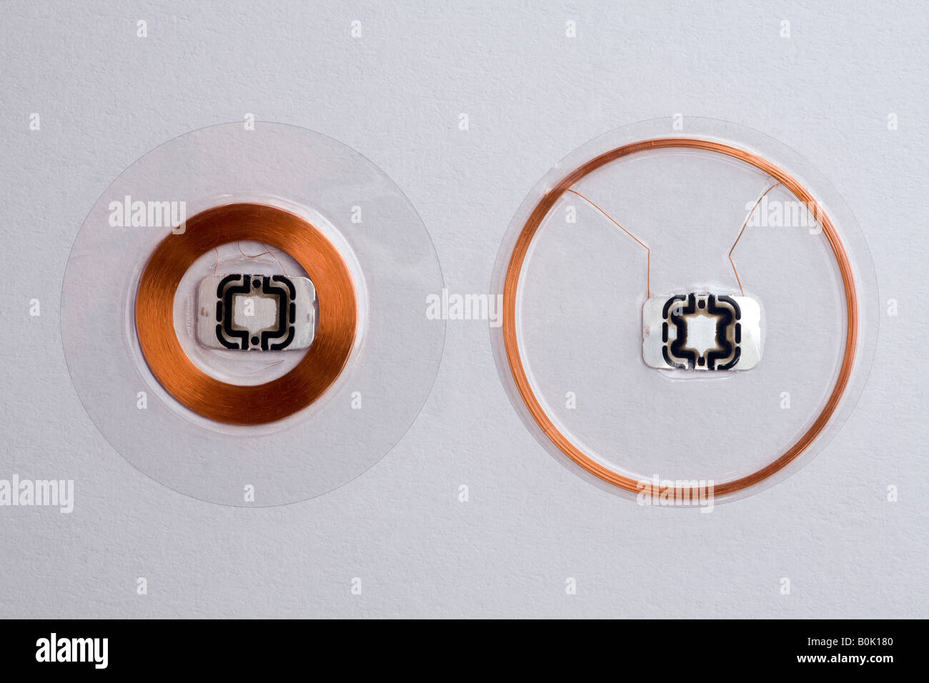 Two specimens of RFID microchips photographed in the studio. Deux modèles de puces RFID photographiés en studio sur fond blanc. Stock Photo