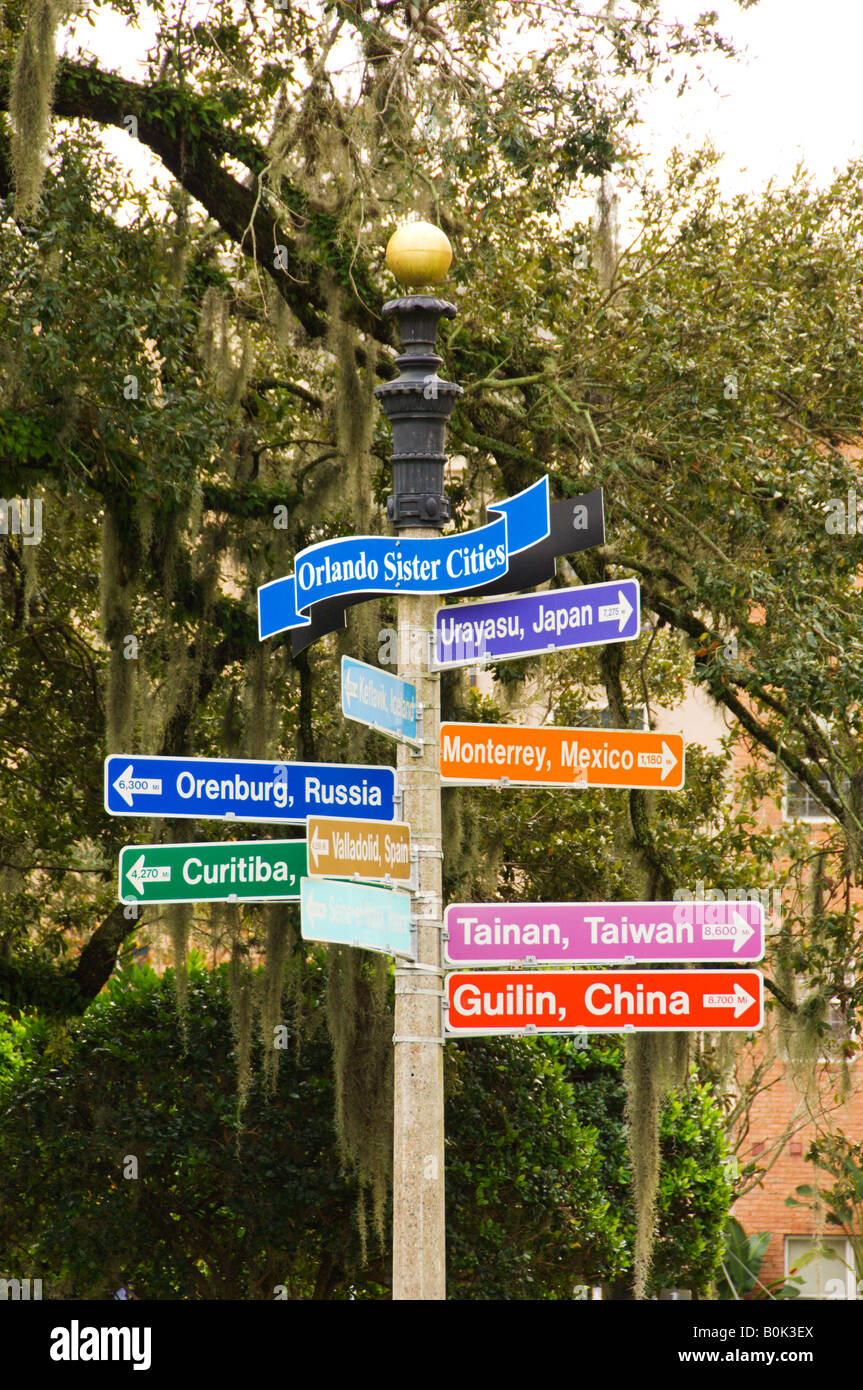 Directional signs to various world cities at Downtown Disney in Lake