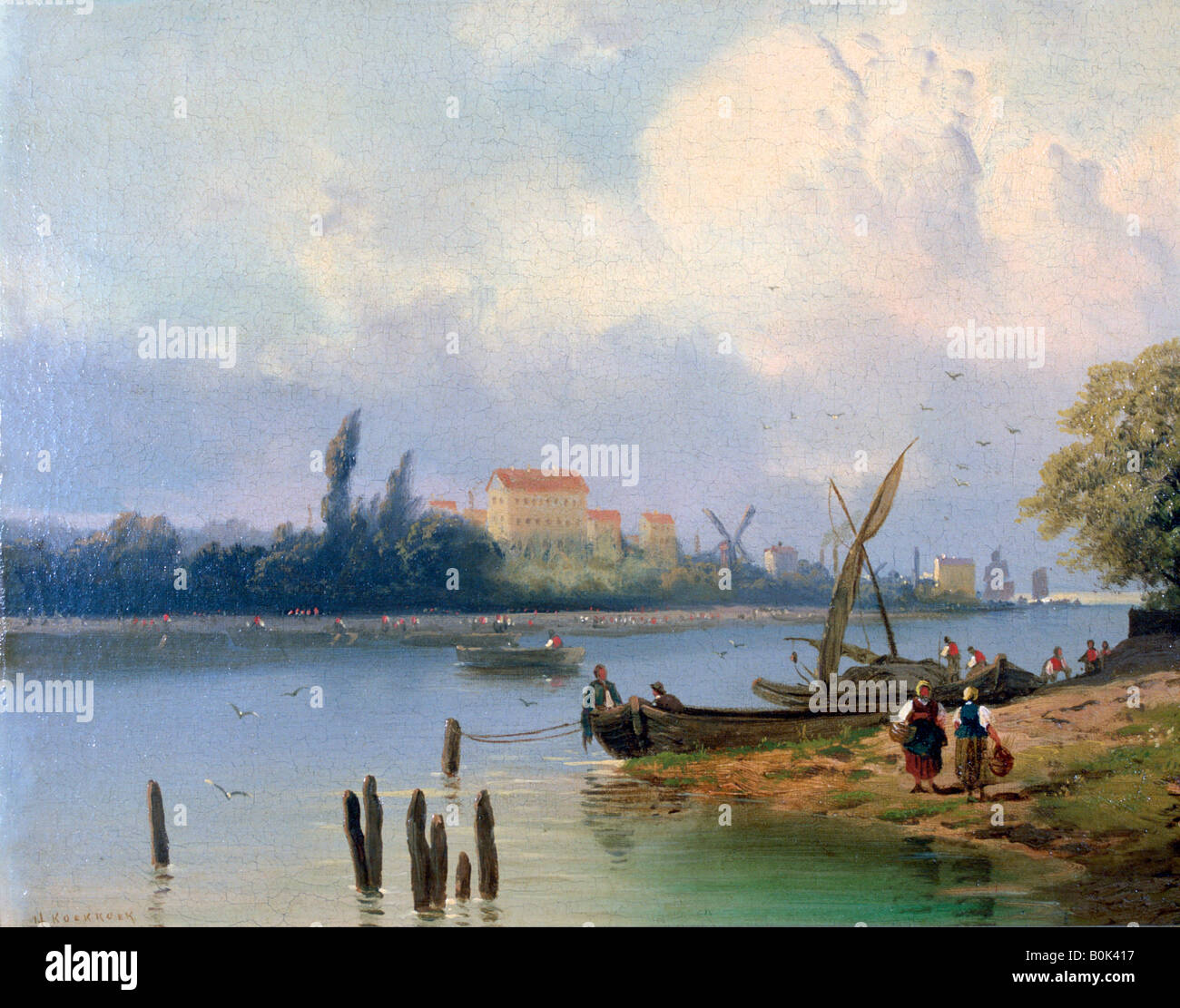 'People by the Boats in Holland', c1835-1882. Artist: Hermanus Koekkoek Stock Photo