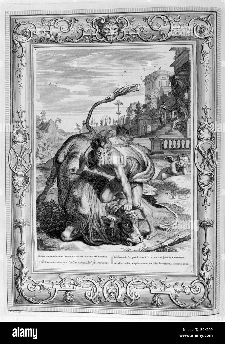 Achelous in the shape of a bull is vanquished by Hercules, 1733. Artist: Bernard Picart Stock Photo