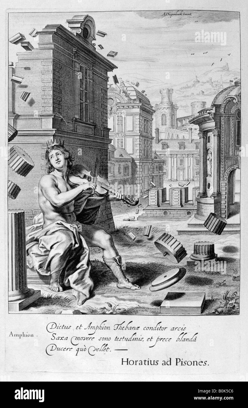 Amphion builds the walls of Thebes by the music of his violin, 1655. Artist: Michel de Marolles Stock Photo