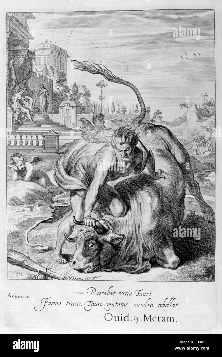 Achelous in the shape of a bull is vanquished by Hercules, 1655. Artist: Michel de Marolles Stock Photo