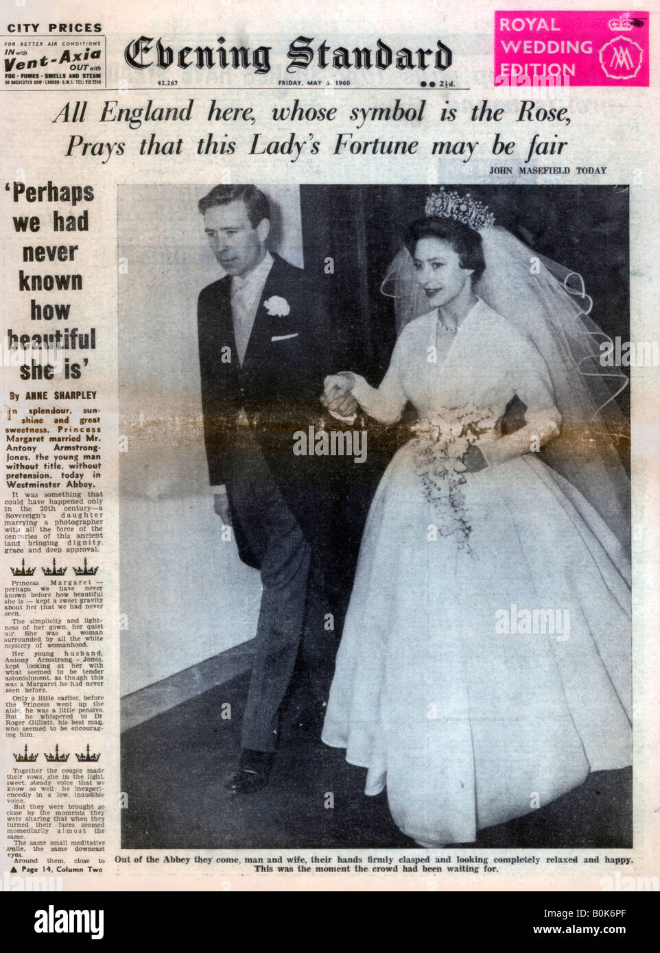 Princess Margaret marries Antony Armstrong-Jones, 6 May 1960. Artist: Unknown Stock Photo