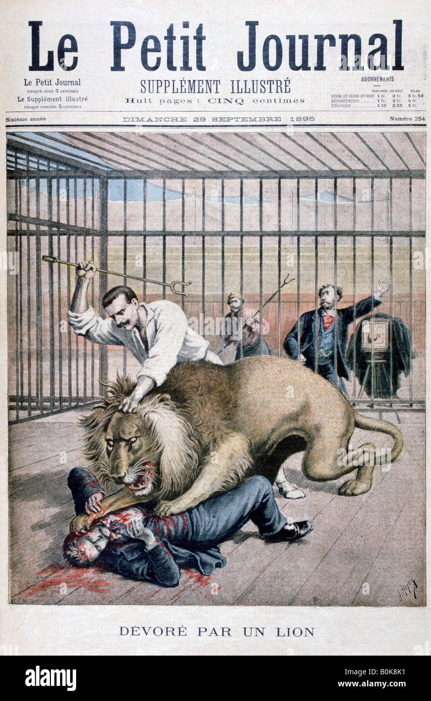 Lion attack, 1895. Artist: Henri Meyer Stock Photo