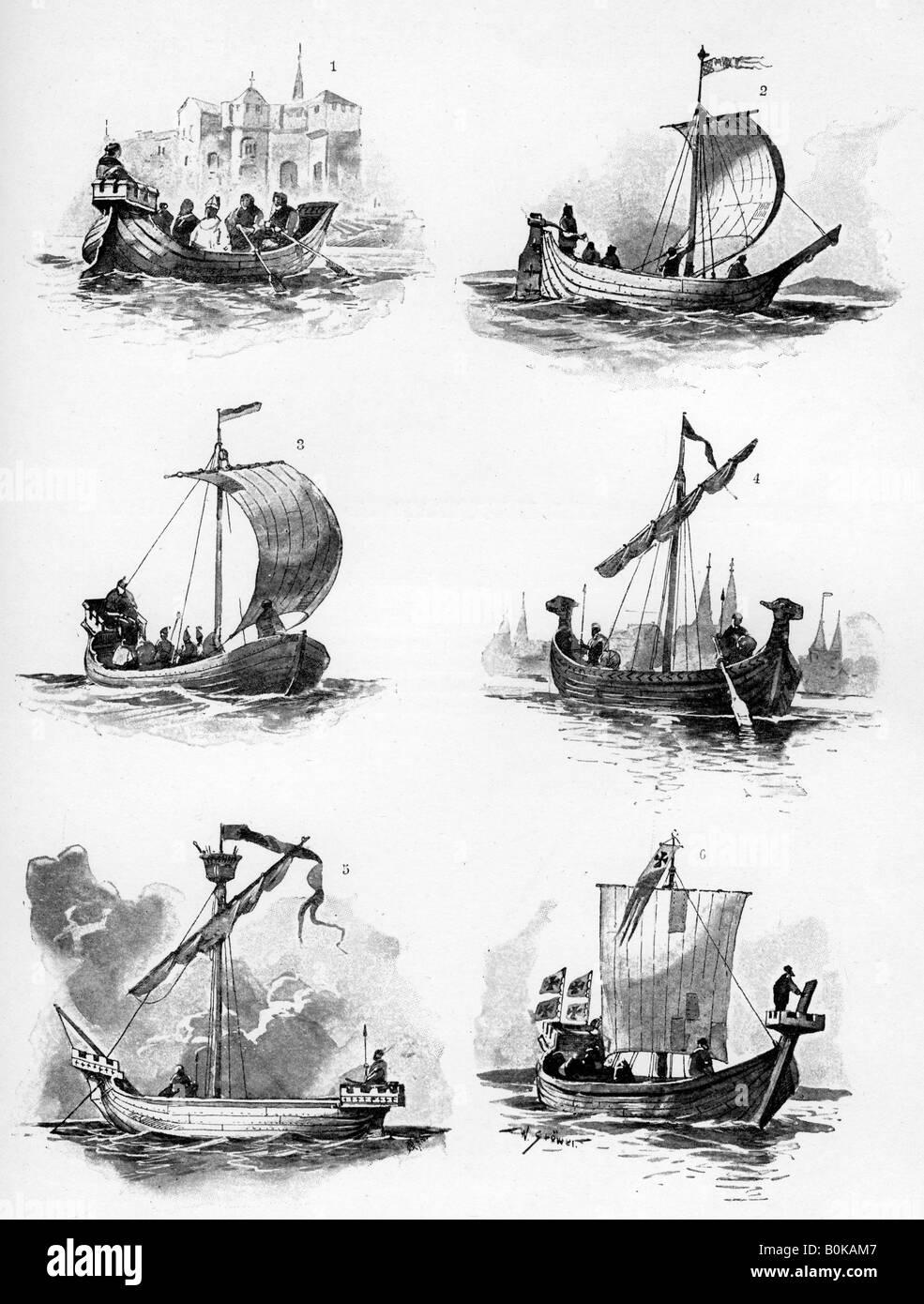 Ships of the Hanseatic League of the 14th and 15th century, (1903).Artist: Willy Stower Stock Photo