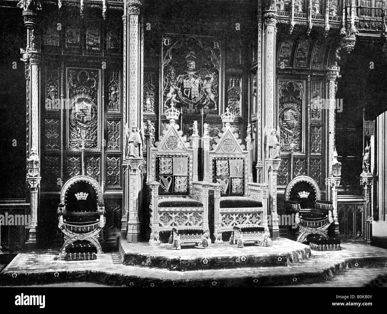 The Royal Throne, House of Lords, Westminster, c1905.Artist: John Benjamin Stone Stock Photo