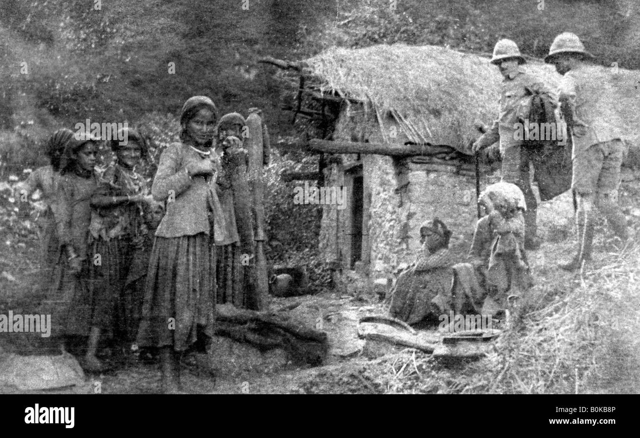 Girls and British soldiers, Chakrata hills, India, 1917. Artist: Unknown Stock Photo