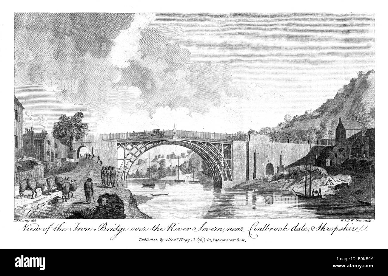 View of the iron bridge over the river Severn, Coalbrookdale, Shropshire, 19th century.Artist: W & J Walker Stock Photo