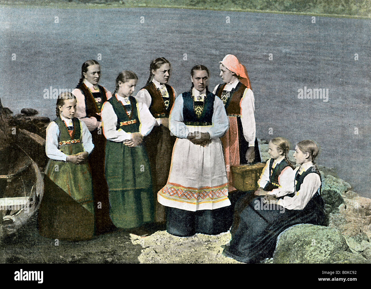 Women and children in national costume, Sognafjorden, Norway, c1890. Artist: L Boulanger Stock Photo