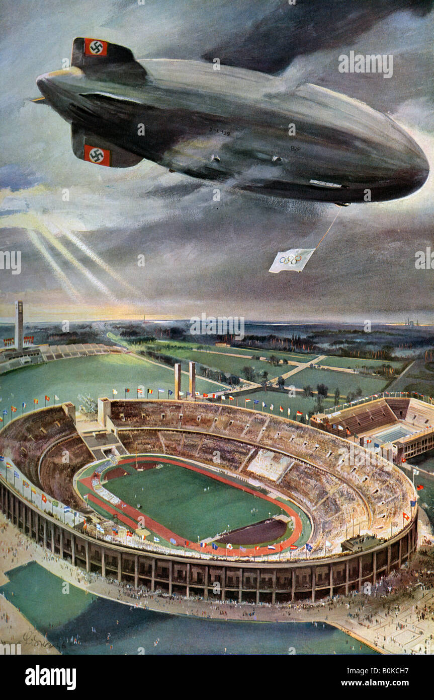 'Hindenburg' zeppelin above the Olympic Stadium, Berlin, 1936. Artist: Unknown Stock Photo