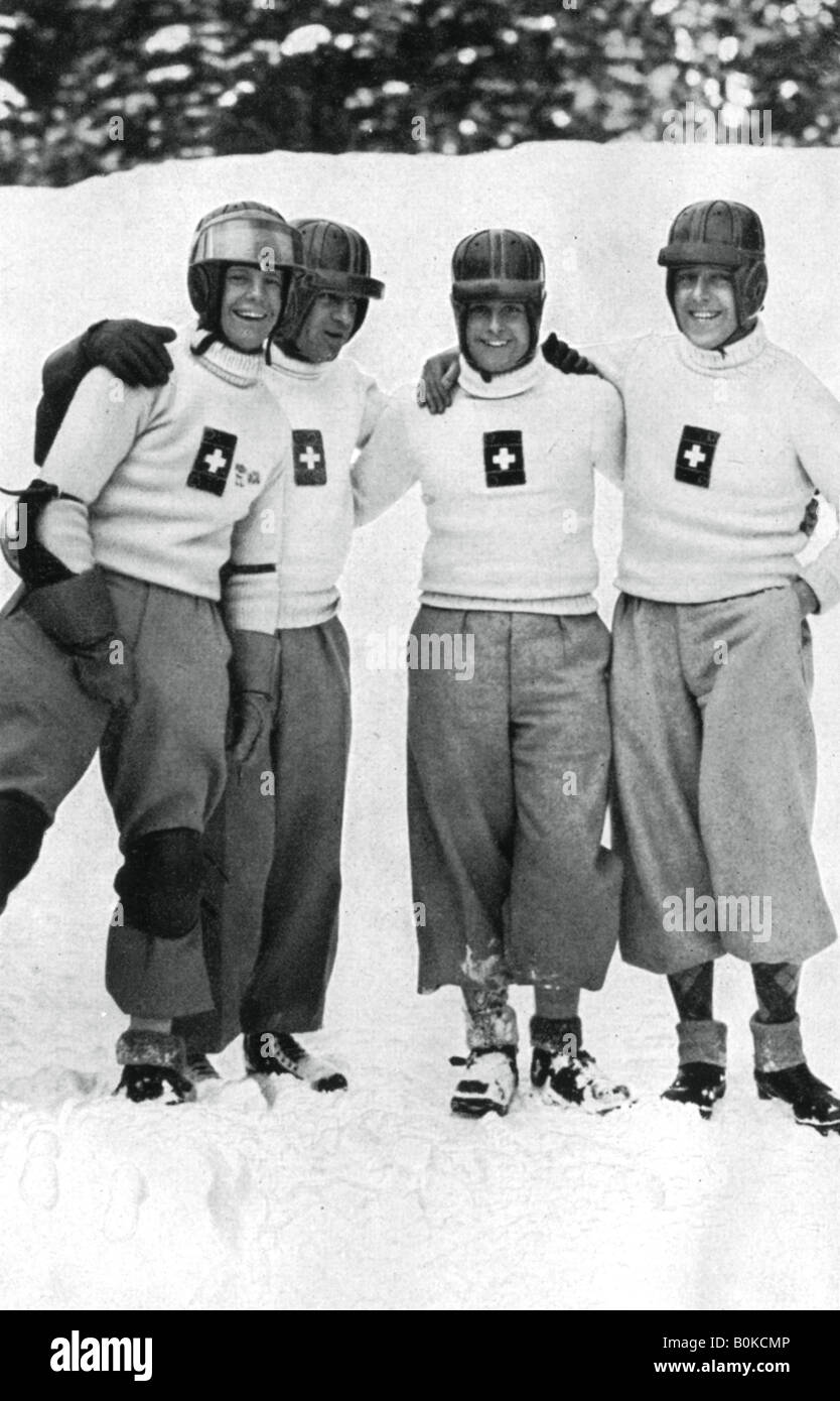 Swiss four man bobsleigh team, Winter Olympic Games, Garmisch-Partenkirchen, Germany, 1936. Artist: Unknown Stock Photo