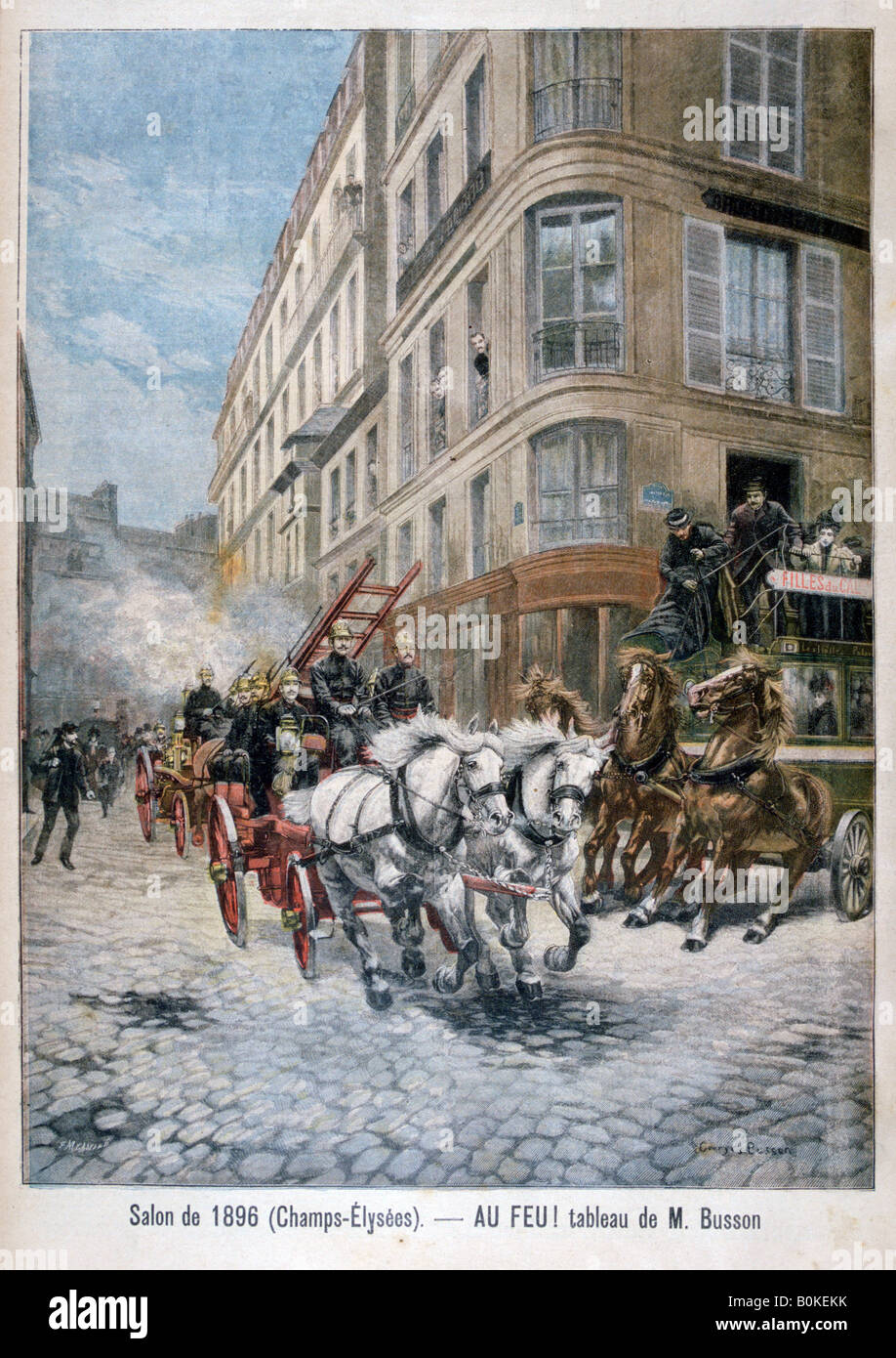 Fire engine on the way to a fire, Paris, 1896. Artist: G Busson Stock Photo