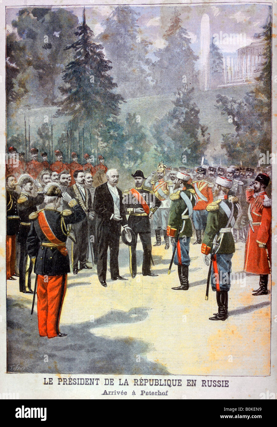 Felix Faure, President of France, received at the Peterhof, St Petersburg, Russia, 1897. Artist: Oswaldo Tofani Stock Photo
