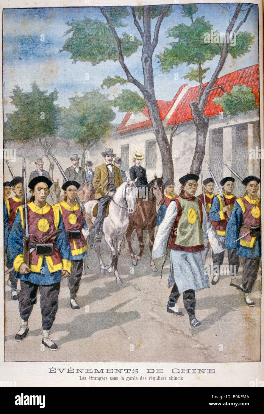 A foreigner under the guard of regular Chinese army, China, 1900.  Artist: Oswaldo Tofani Stock Photo
