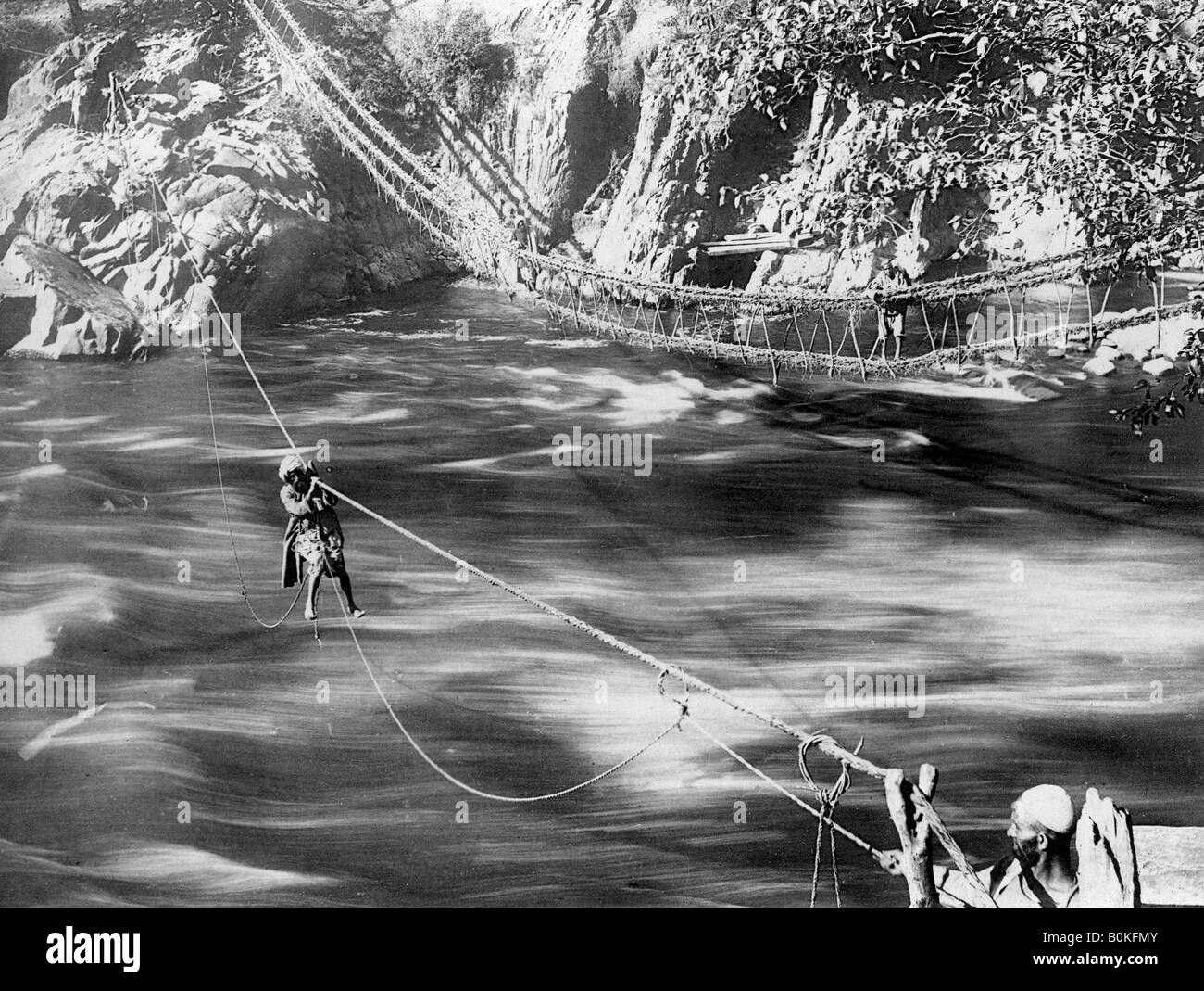 Rope bridge, Jhelum Valley, Kashmir, India, c1900. Artist F Bremner
