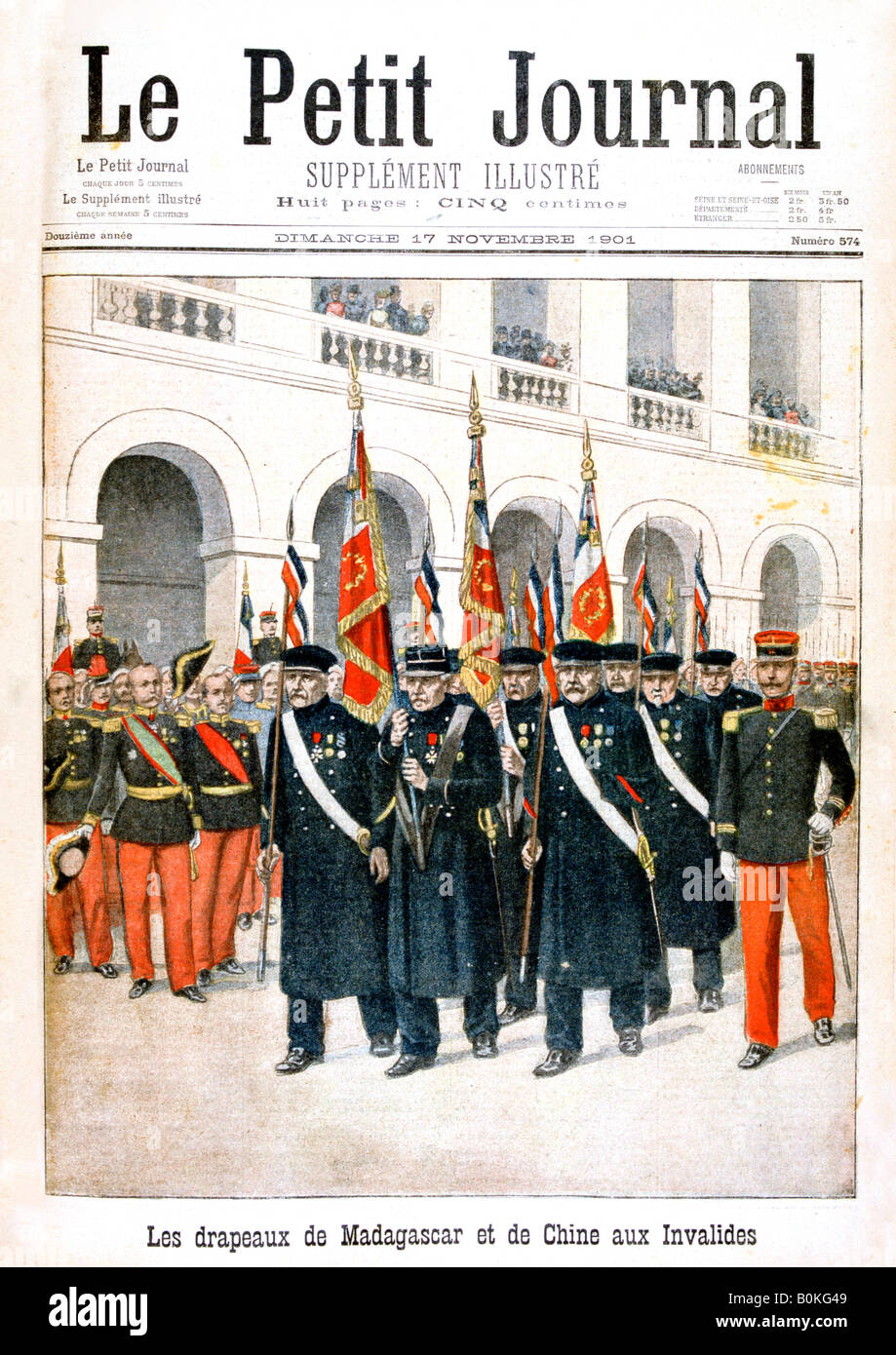 French war veterans carrying flags of the Madagascar and China
