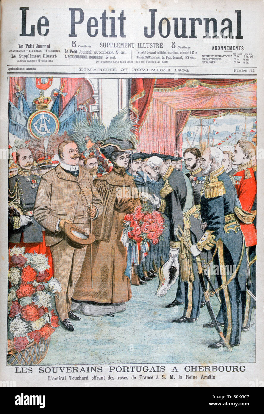 King and Queen of Portugal, presented with flowers by Admiral Touchard, 1904. Artist: Unknown Stock Photo