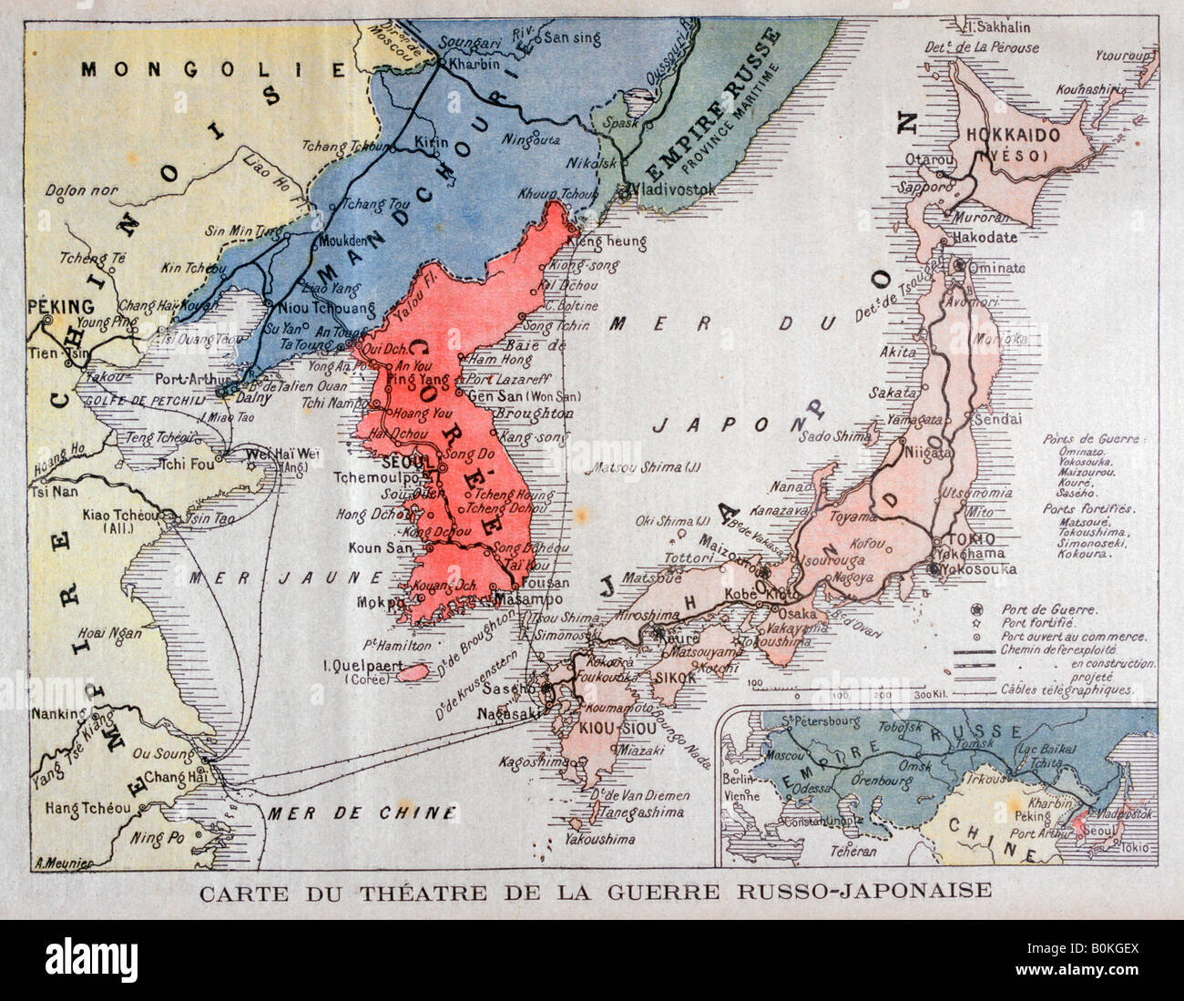 Map of the theatre of the Russo-Japanese War, 1904. Artist: A Meunier Stock Photo