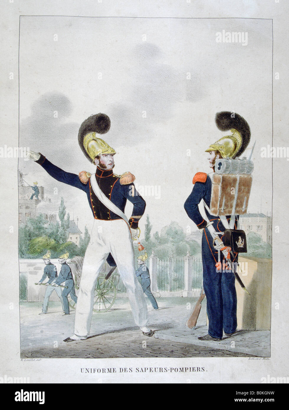 Uniform of military sapper-firemen, France, 1823. Artist: Charles Etienne Pierre Motte Stock Photo