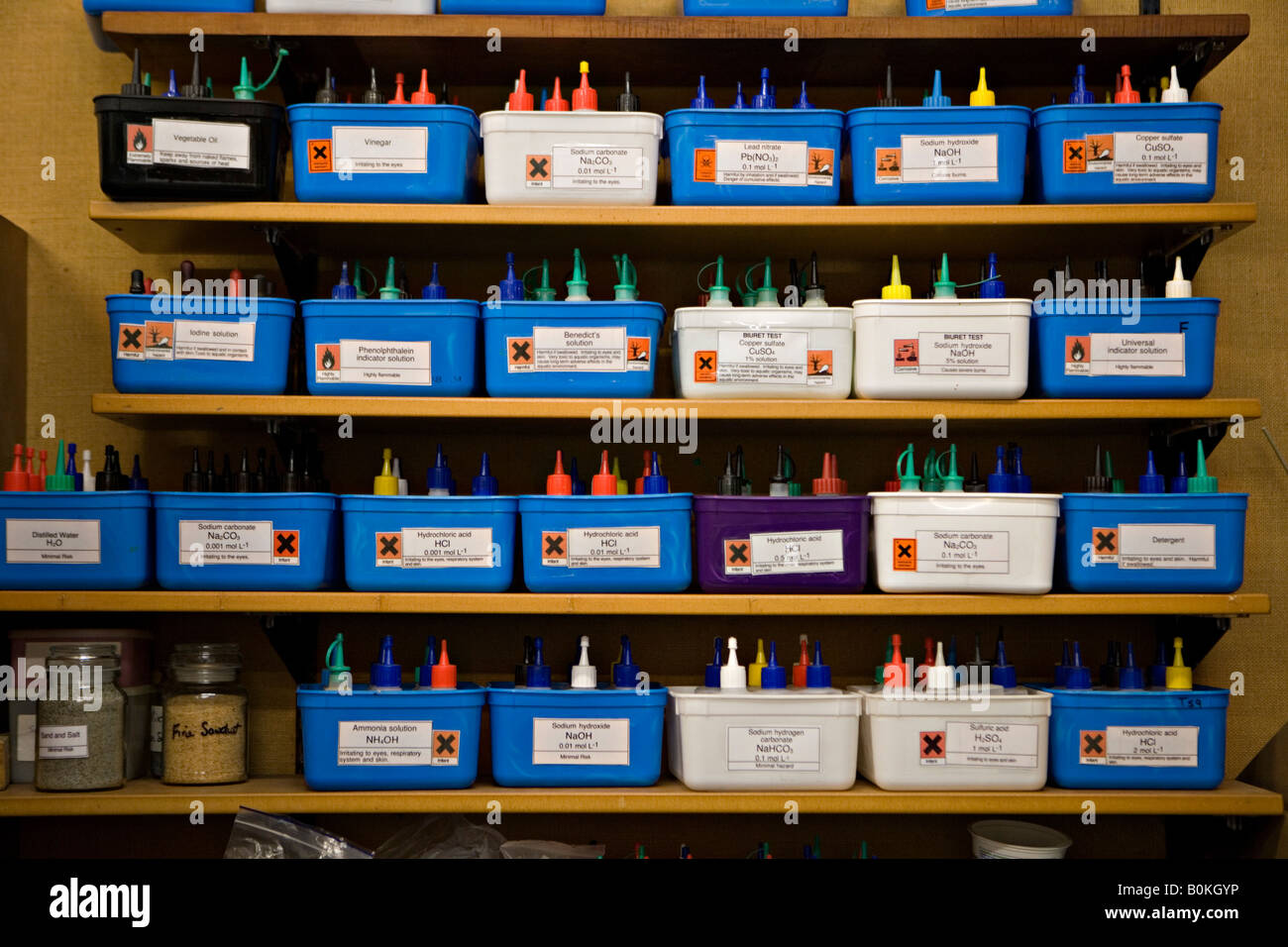 School science prep room class sets of chemicals stored ready for use