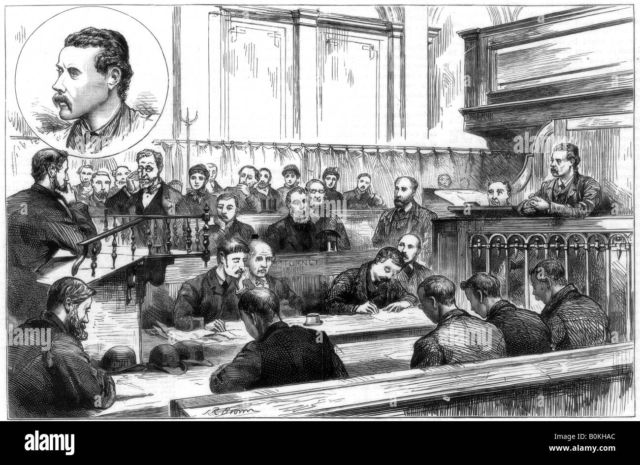 Examination of John F Egan at Birmingham police court, the dynamite plot, 1884. Artist: Unknown Stock Photo