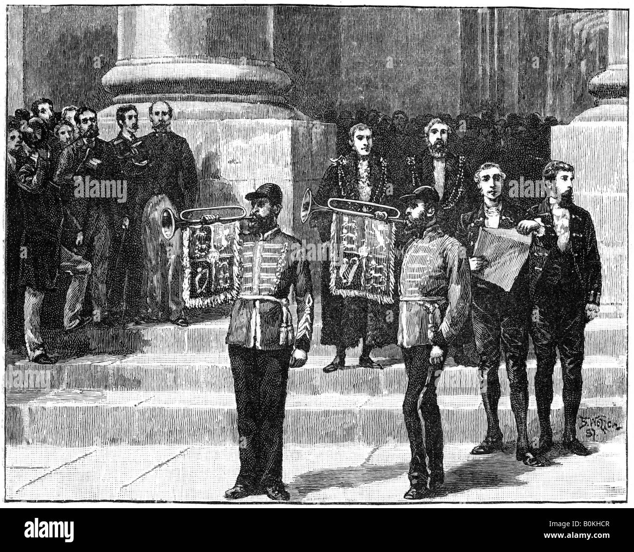 Heralds at the Mansion House proclaiming the queen as Empress of India, London, May 1876, (1900). Artist: William Barnes Wollen Stock Photo