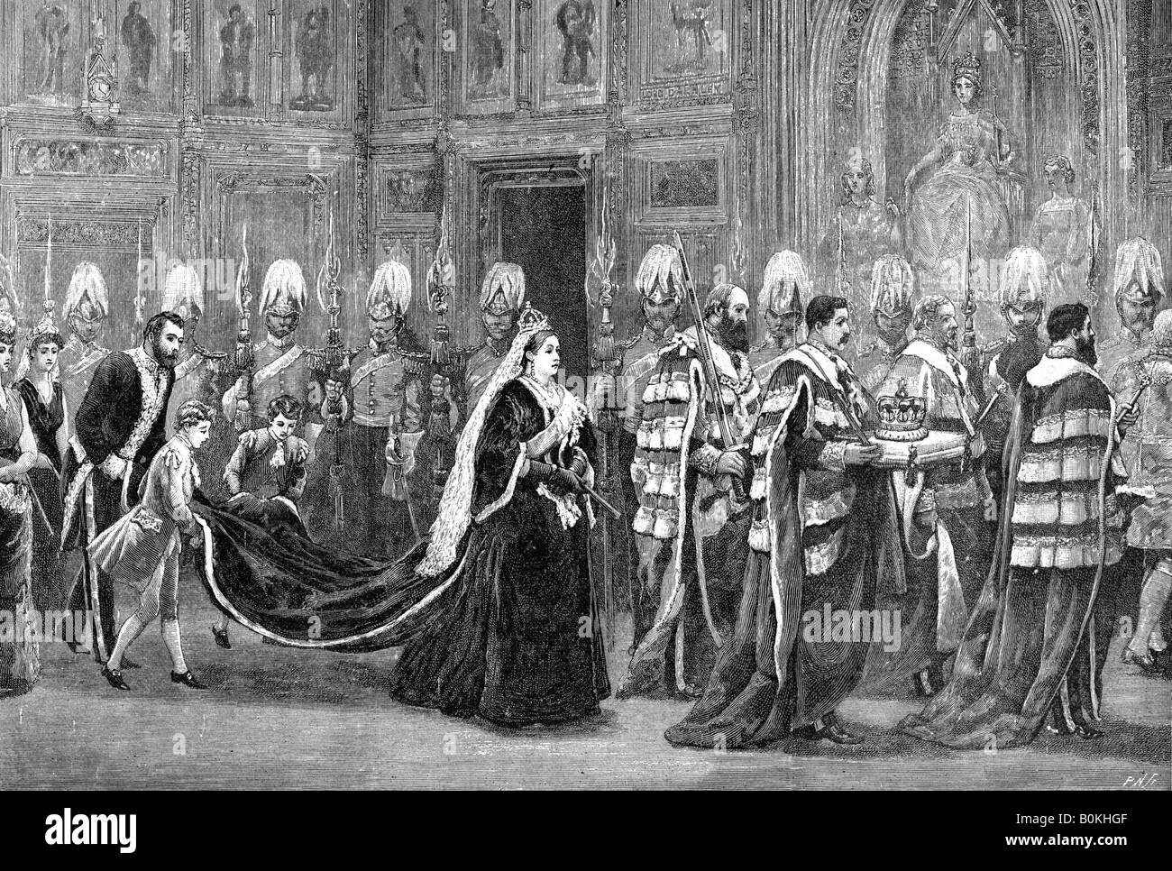 The royal procession in Westminster Palace on the way to the House of Lords, 1886, (1900). Artist: Unknown Stock Photo