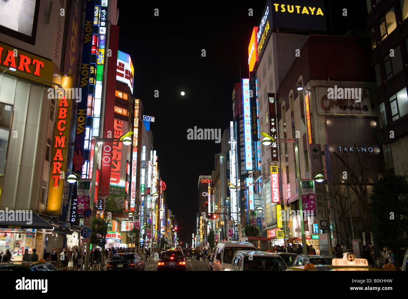 Tokyo, Japan. Neon lights in Shinjuku, with a full moon. The opening sequence of the movie 'Lost in Translation' was set here. Stock Photo