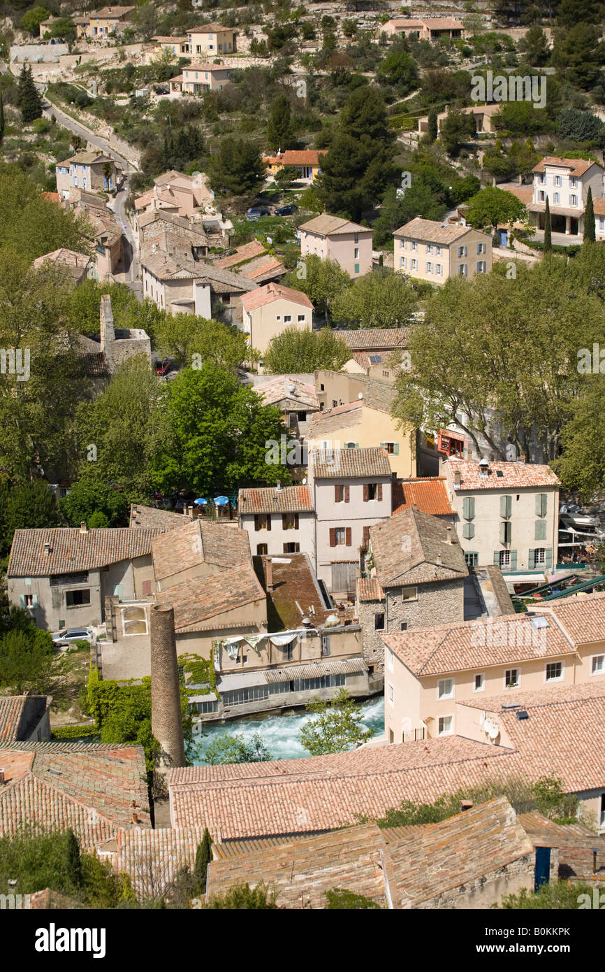 An aerial view of the Fontaine-de-Vaucluse village (Vaucluse - France). Vue aérienne du village de Fontaine-de-Vaucluse (France) Stock Photo