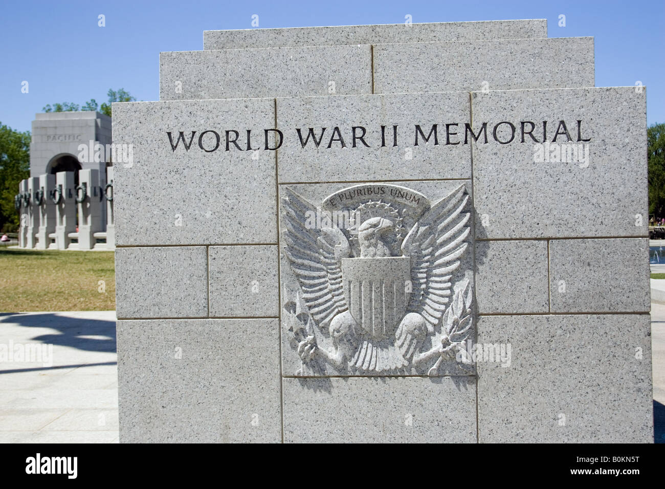Great Seal and motto E PLURIBUS UNUM The National World War II Memorial Washington D C USA Stock Photo