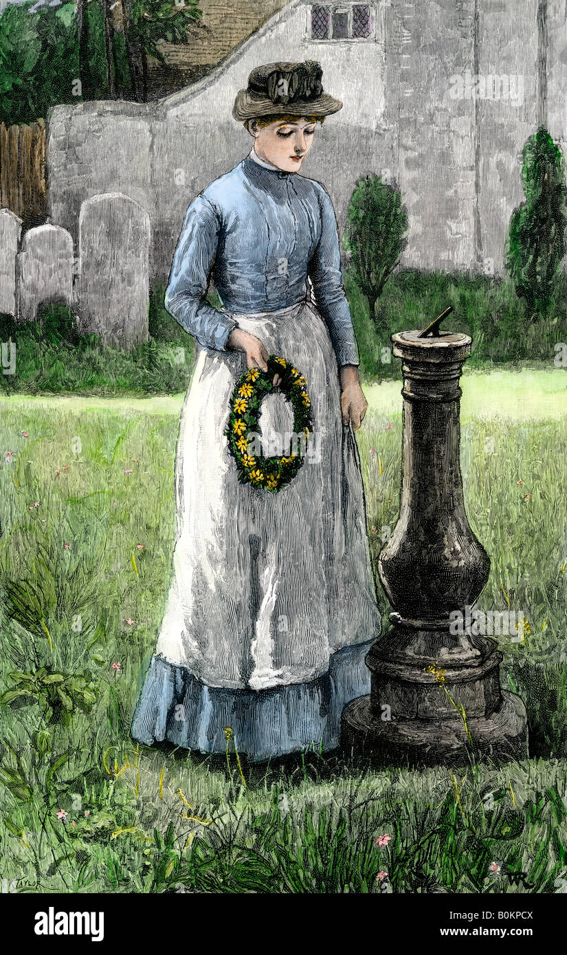 Woman with a memorial wreath regarding a sundial hoping for the healing hand of time. Hand-colored woodcut Stock Photo