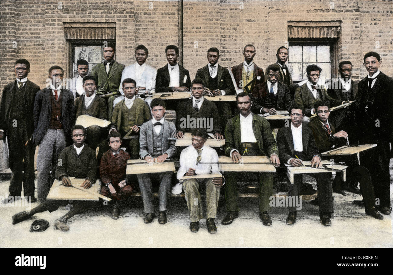 Tuskegee Institute class in architectural and mechanical drawing for African Americans 1890s. Hand-colored halftone of a photograph Stock Photo