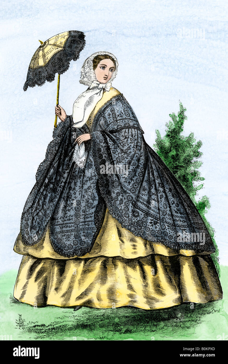 Woman in a promenade dress and shawl US 1860s. Hand-colored woodcut Stock Photo